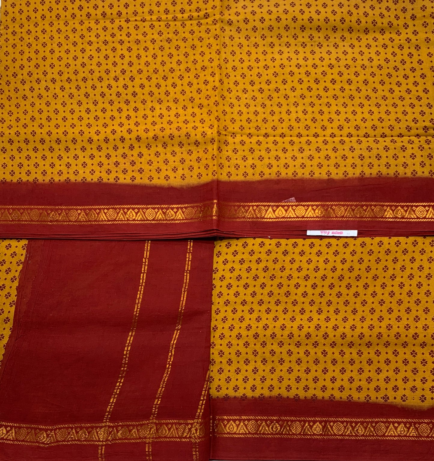 9 yards Cotton Saree Mustard Colour with Maroon Border