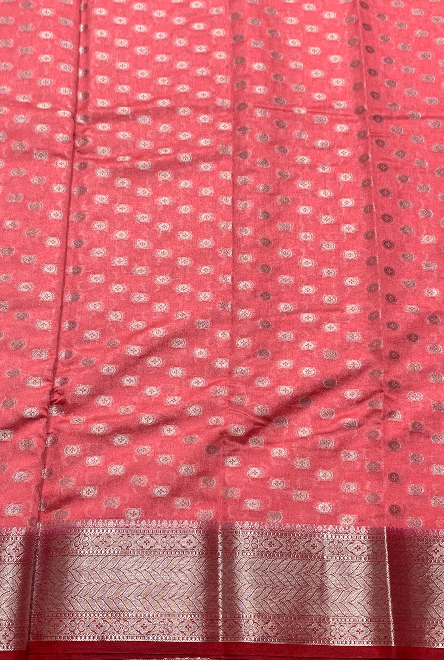 Crepe Saree Peach Colour with Red Border