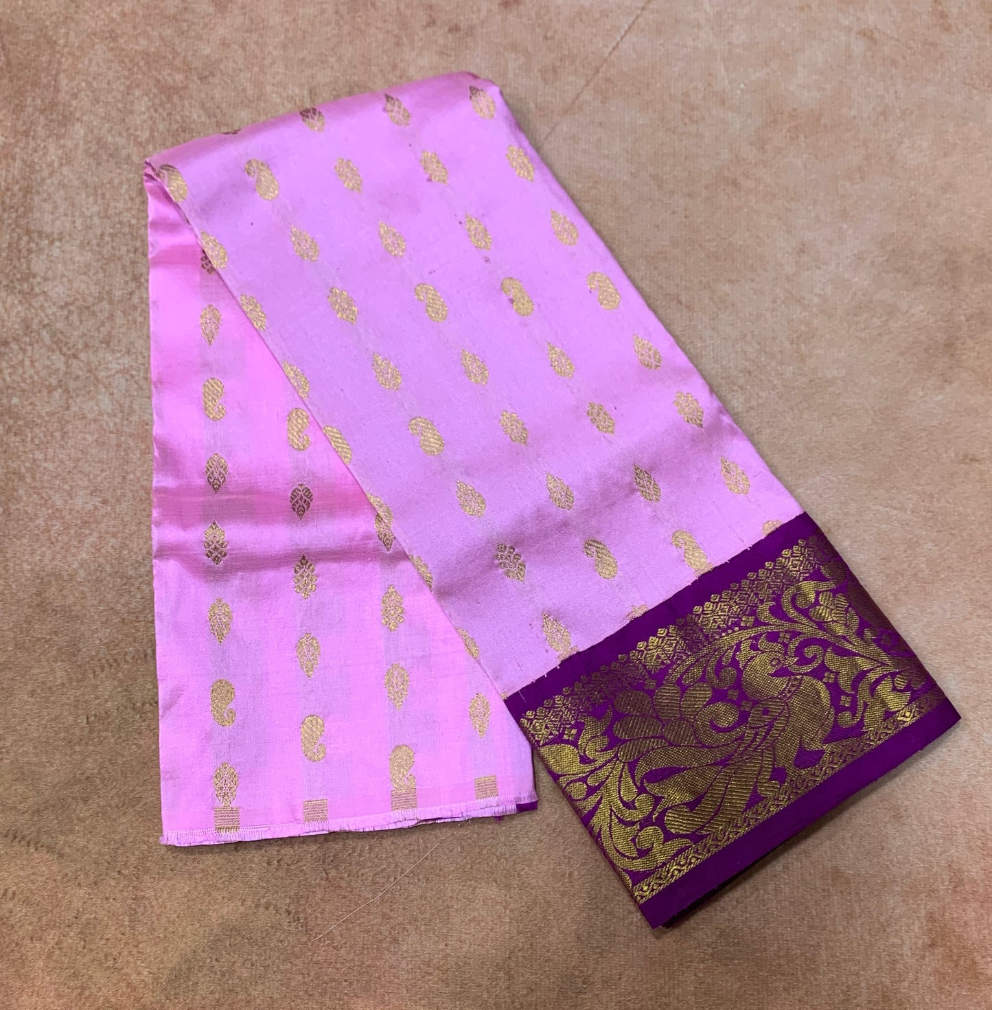 Baby Pink Shade Pure kanchipuram Kids Pattu Pavadai with Contrast border for Newborn to 2 Years