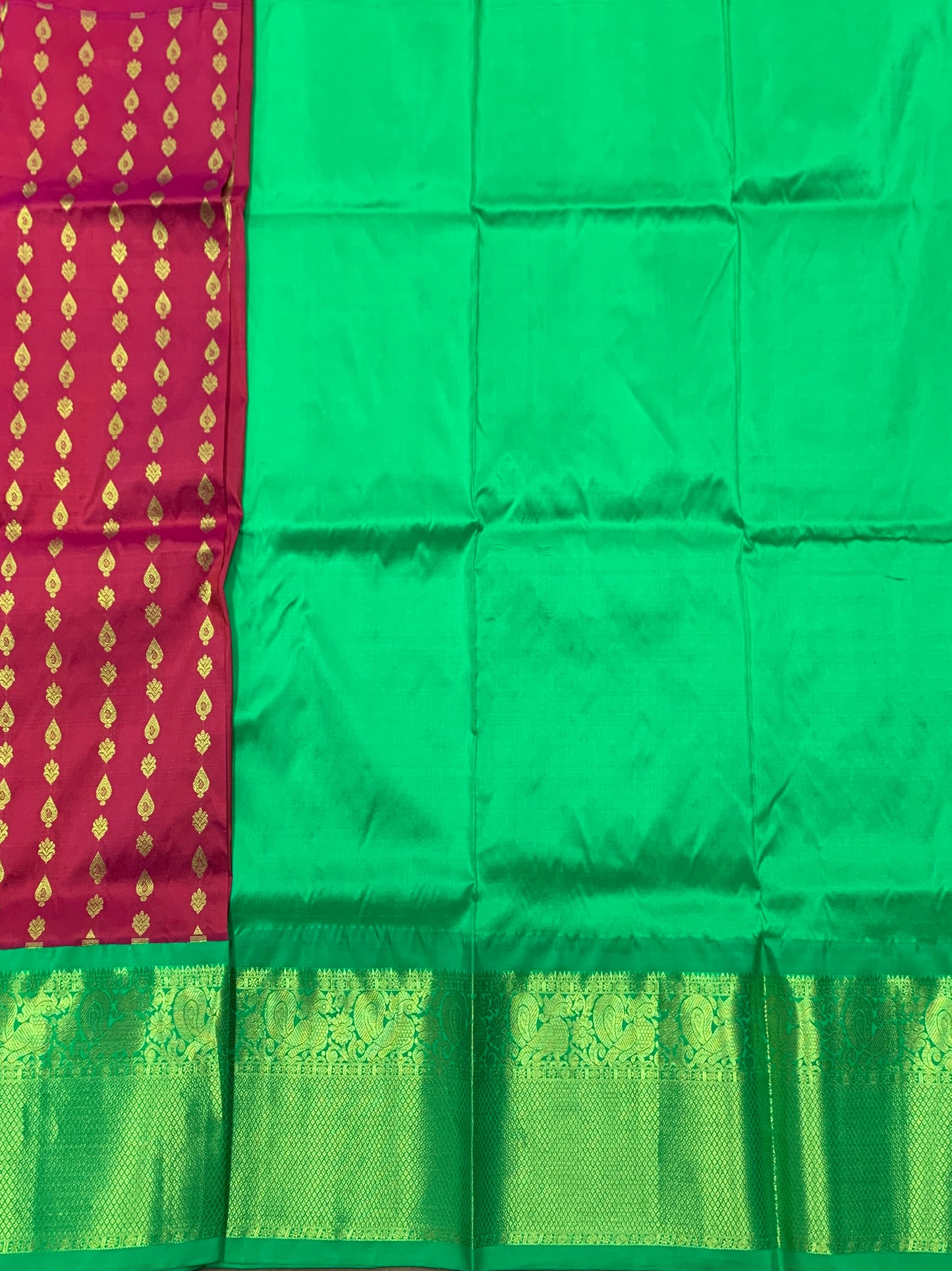 Red shade Pure Kanchipuram Kids Pattu Pavadai with Contrast Border for age 5 to 10