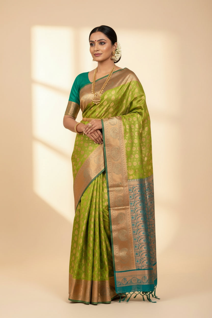 Vegan Silk Saree Lime Green Colour with Green and Copper Border