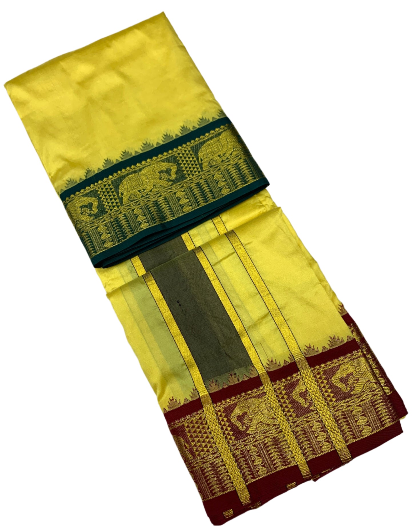 9X5 Pure Silk Dhoti Yellow Colour with Green and Maroon Ganga Jamuna Border