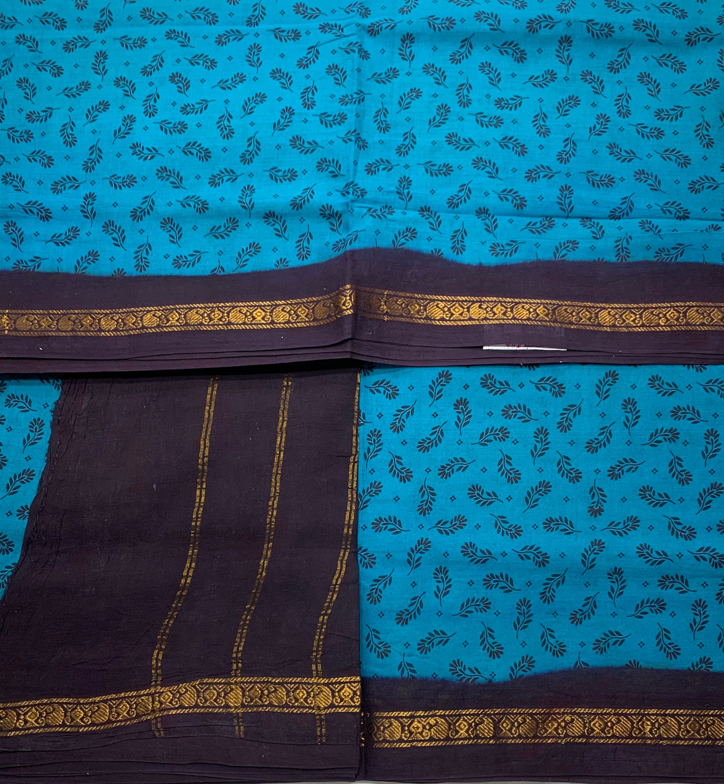 9 yards Cotton Saree Rama Blue Colour with Brown Border