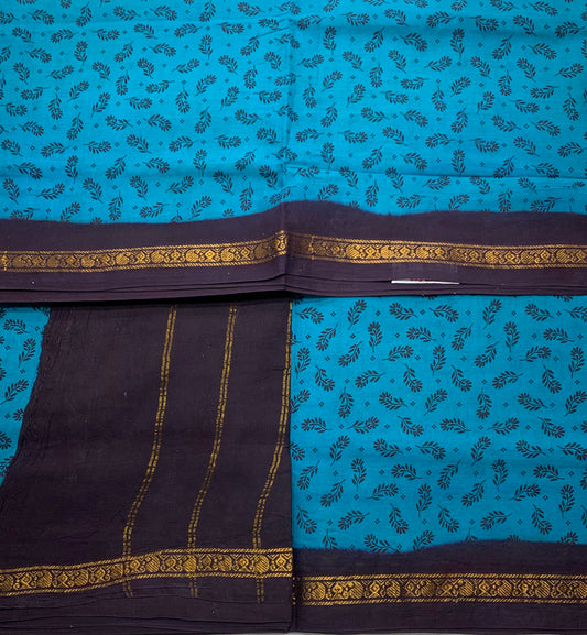 9 yards Cotton Saree Rama Blue Colour with Brown Border