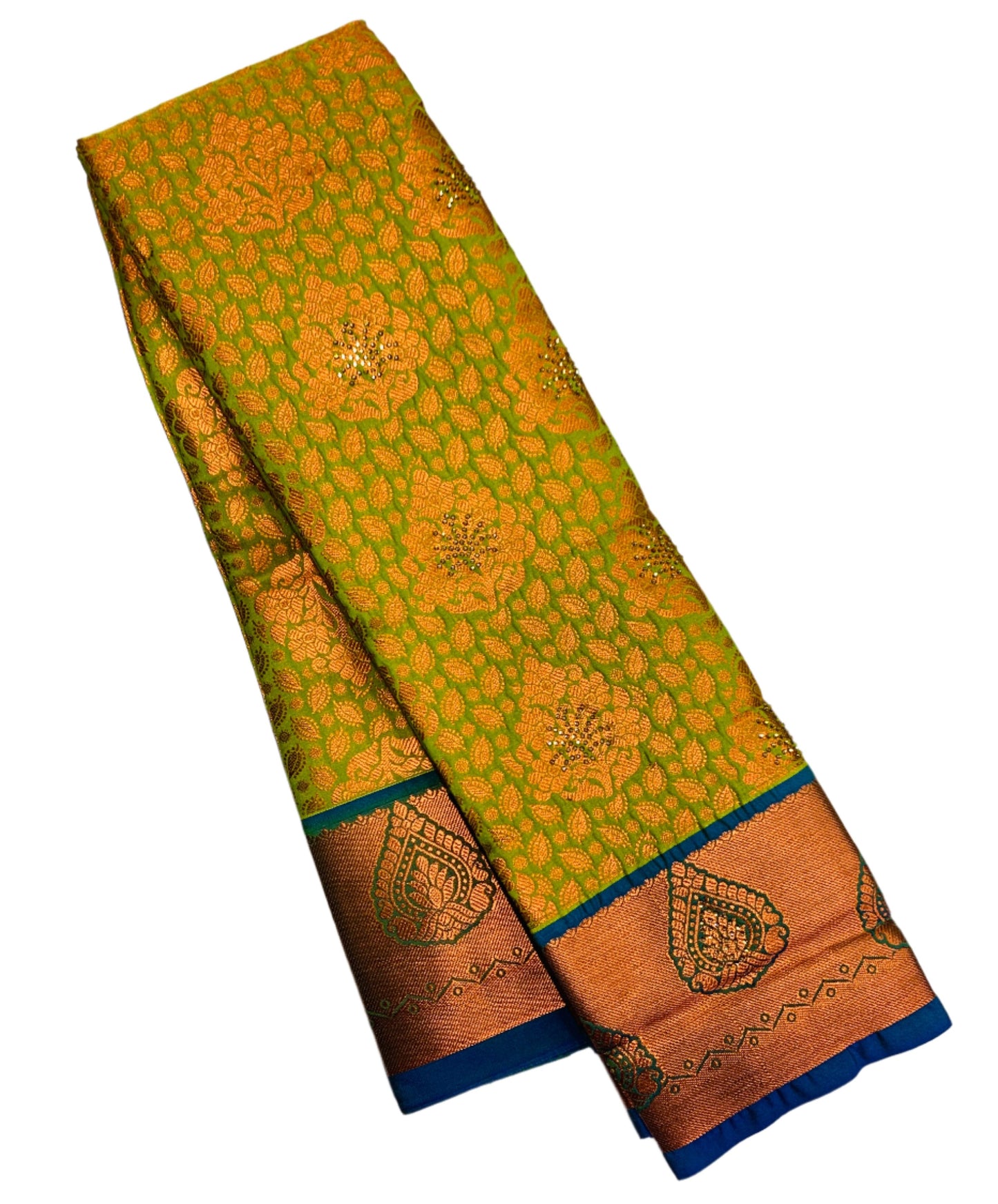 Vegan Silk Saree Apple Green Colour with Copper and Blue Border