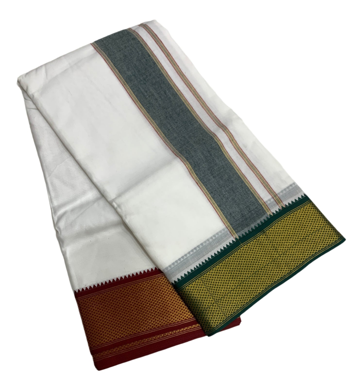 9X5 Cotton Dhoti White Big Green and Maroon Zari Border with Angavastram