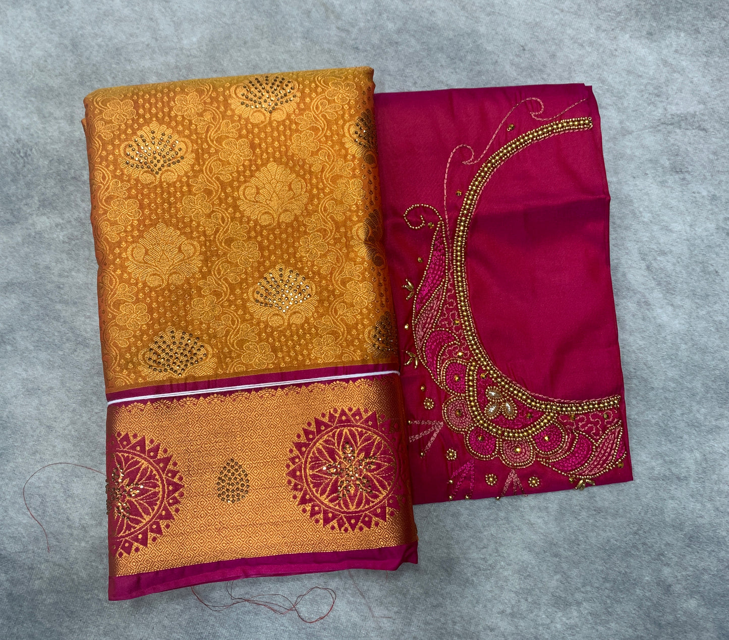 Bridal Vegan Silk Saree Golden Yellow shade with Pink Border with Unstitched blouse in Aari Work