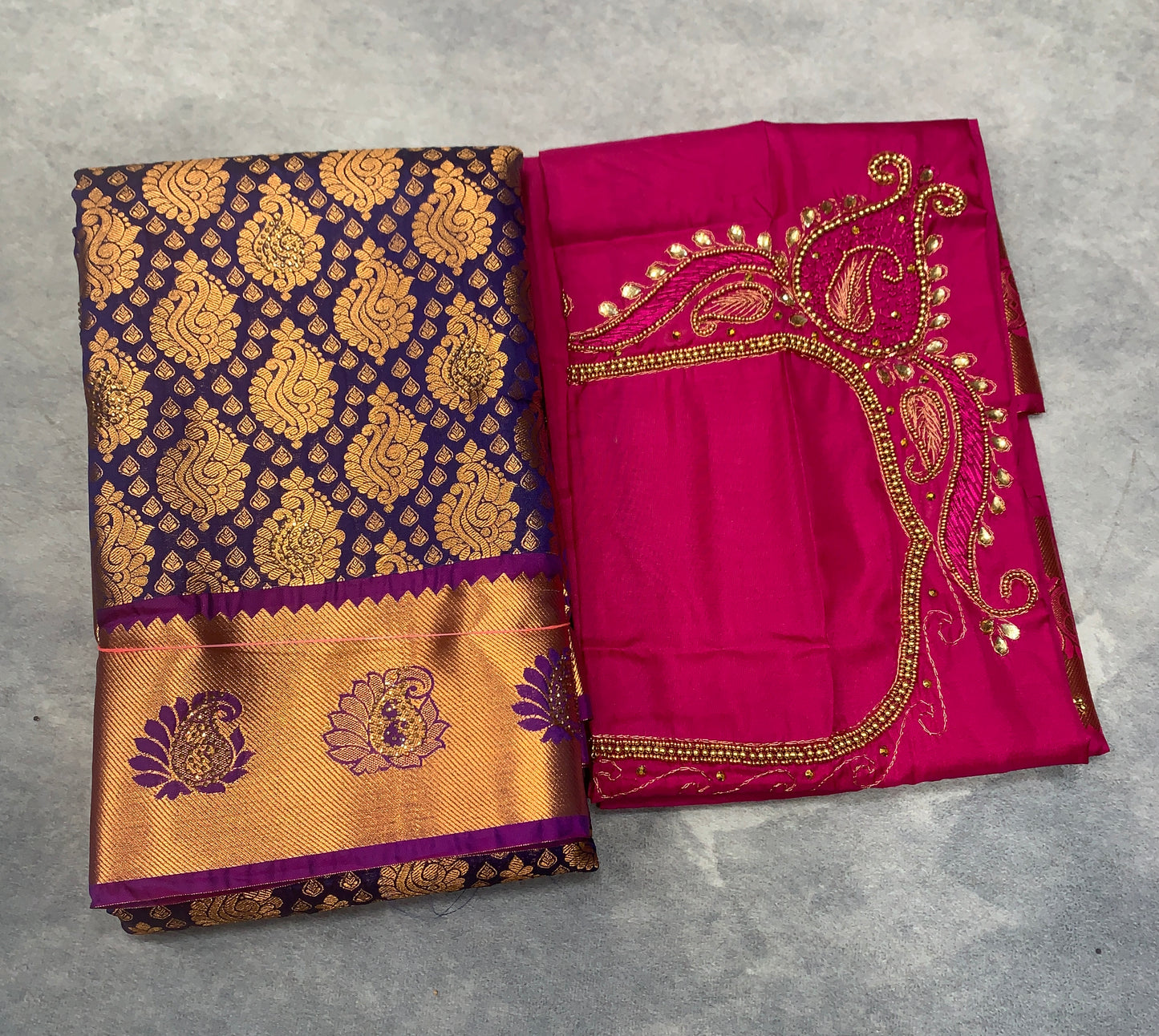 Bridal Vegan Silk Saree Navy Blue shade with Purple Border with Unstitched blouse in Aari work