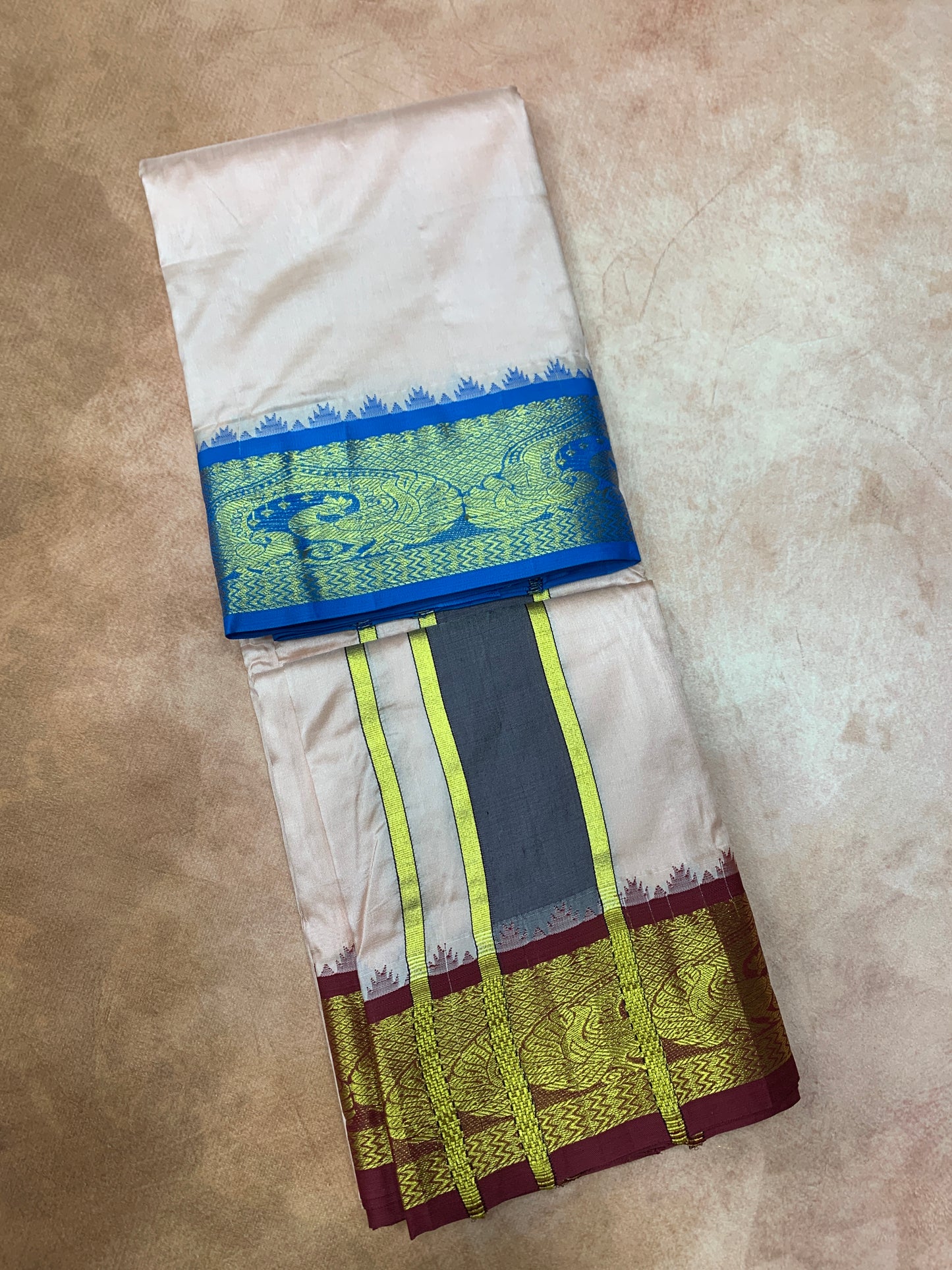 9X5 Pure Silk Dhoti Peach Colour with Sky Blue and Brown Ganga Jamuna Border