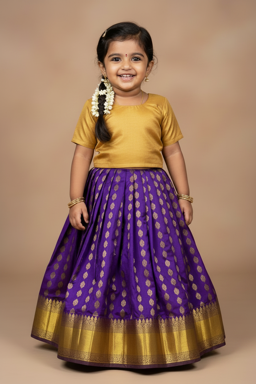 Violet Shade Pure Kanchipuram Kids Pattu Pavadai with Contrast Border for Newborn to 2 Years