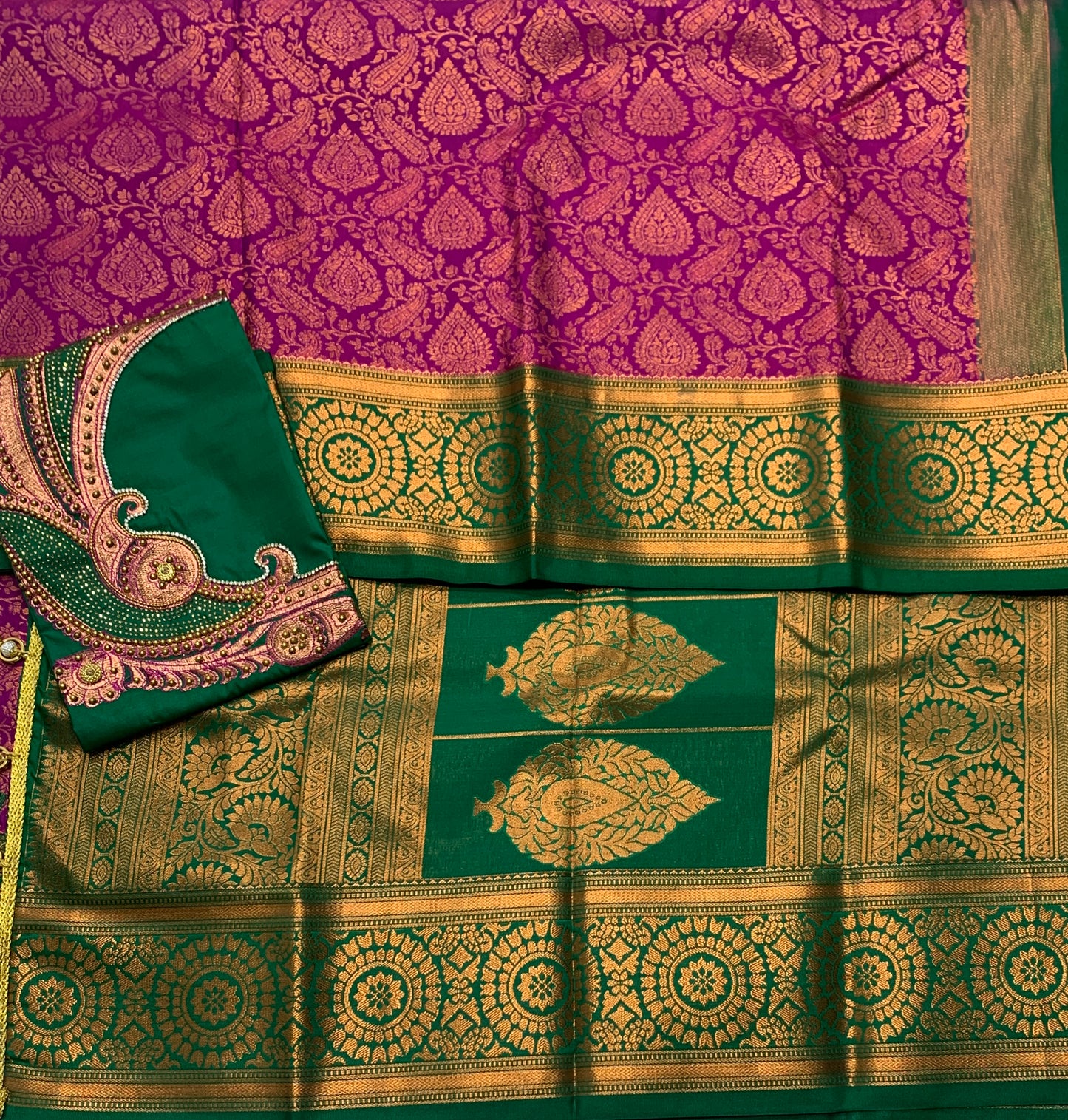 Bridal Vegan Silk Saree Magenta Colour with Green Border with Unstitched blouse in Aari work