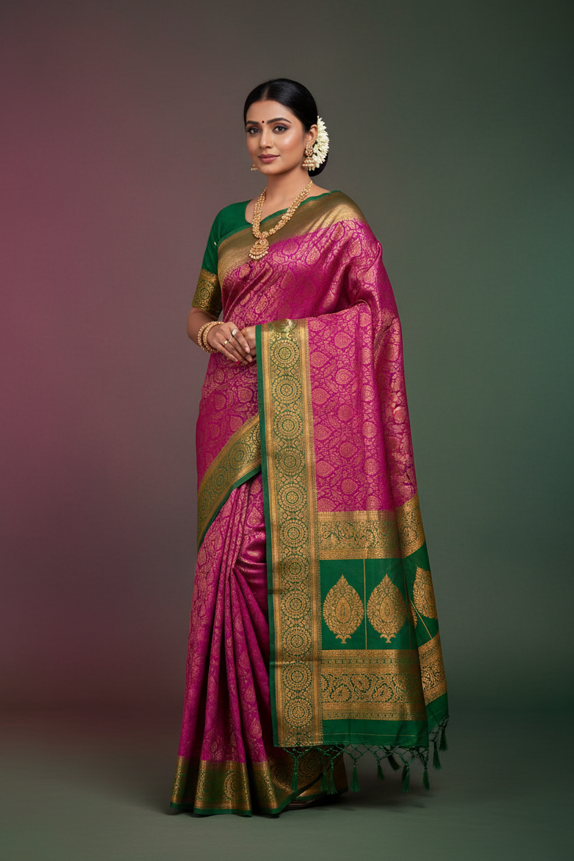 Bridal Vegan Silk Saree Magenta Colour with Green Border with Unstitched blouse in Aari work