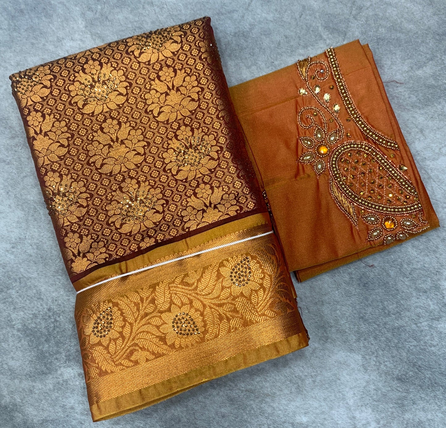 Bridal Vegan Silk Saree Maroon shade with Golden Yellow Border with Unstitched blouse in Aari Work