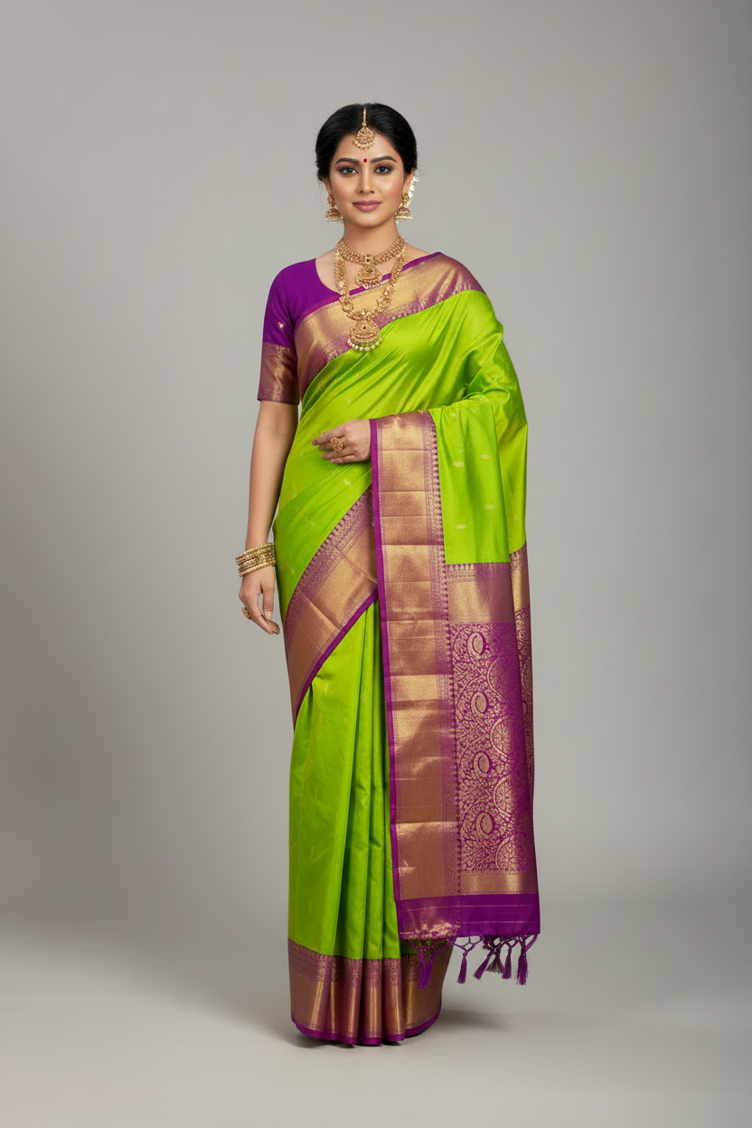 Pure Kanchipuram Silk Parrot Green Colour with Magenta Border