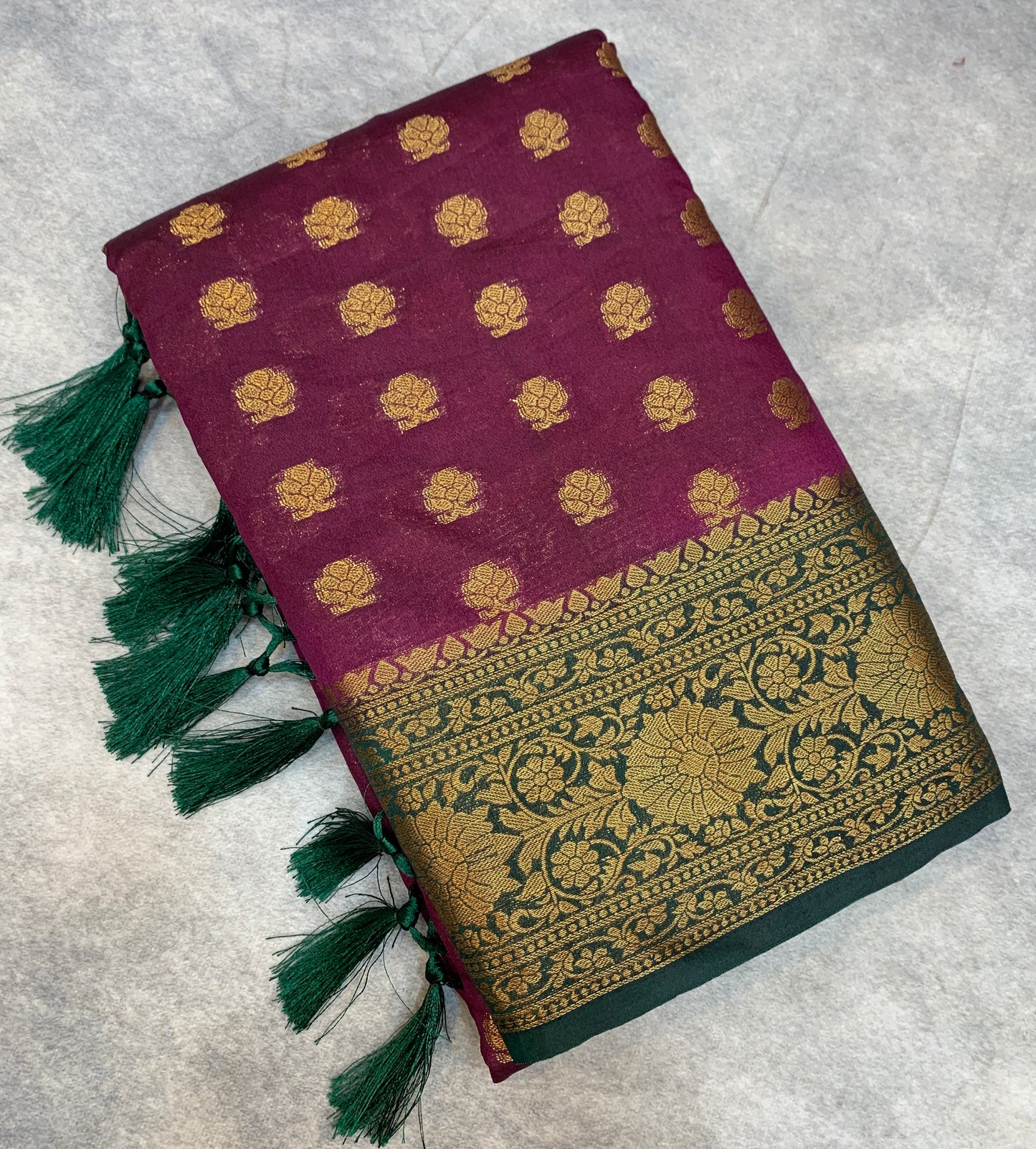 Crepe Saree Magenta Colour with Green Border