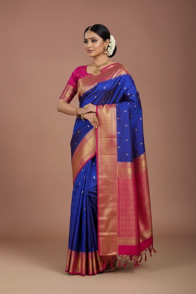 Pure Kanchipuram Silk Blue Colour with Pink Border
