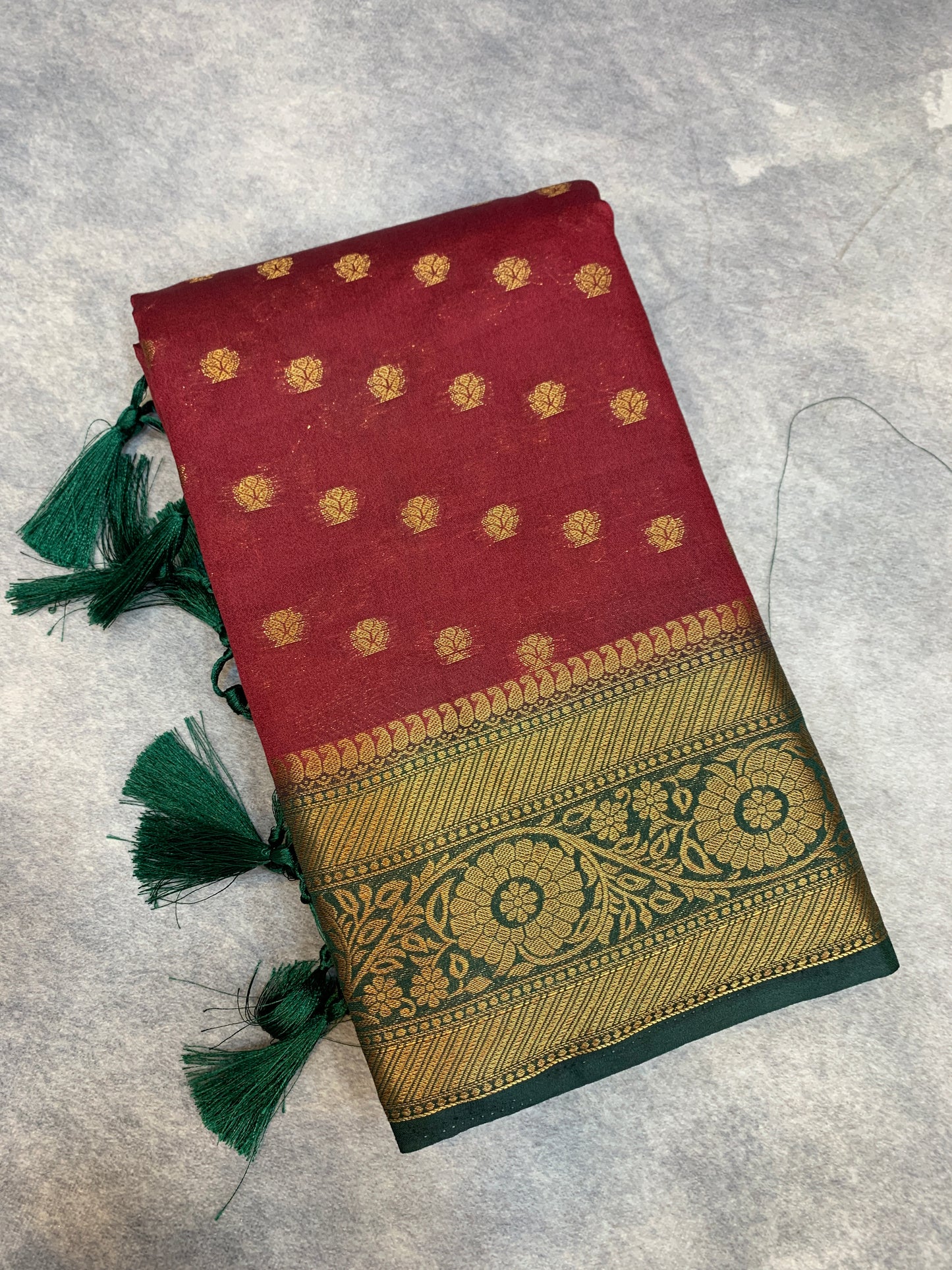 Crepe Saree Maroon Colour with Green Border