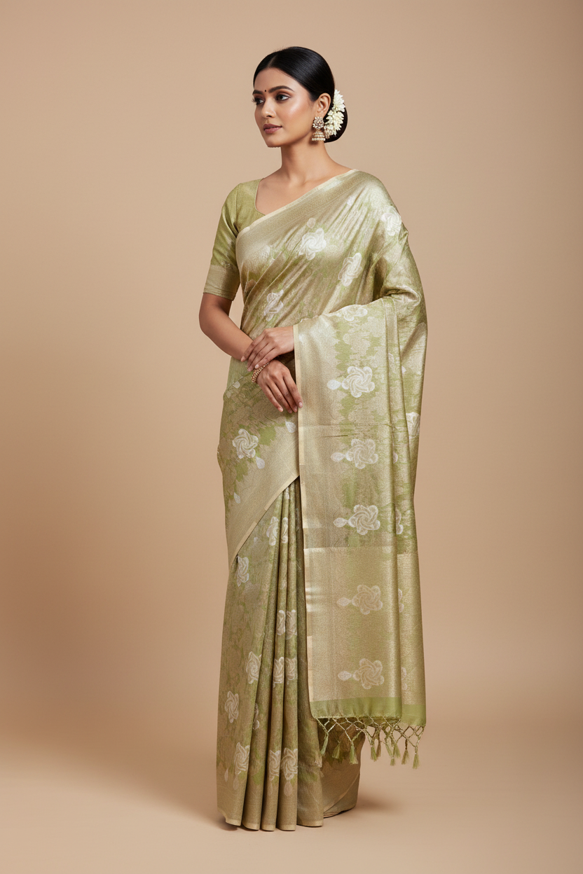 Banaras Katan Saree Apple Green Colour with Katan Work Border