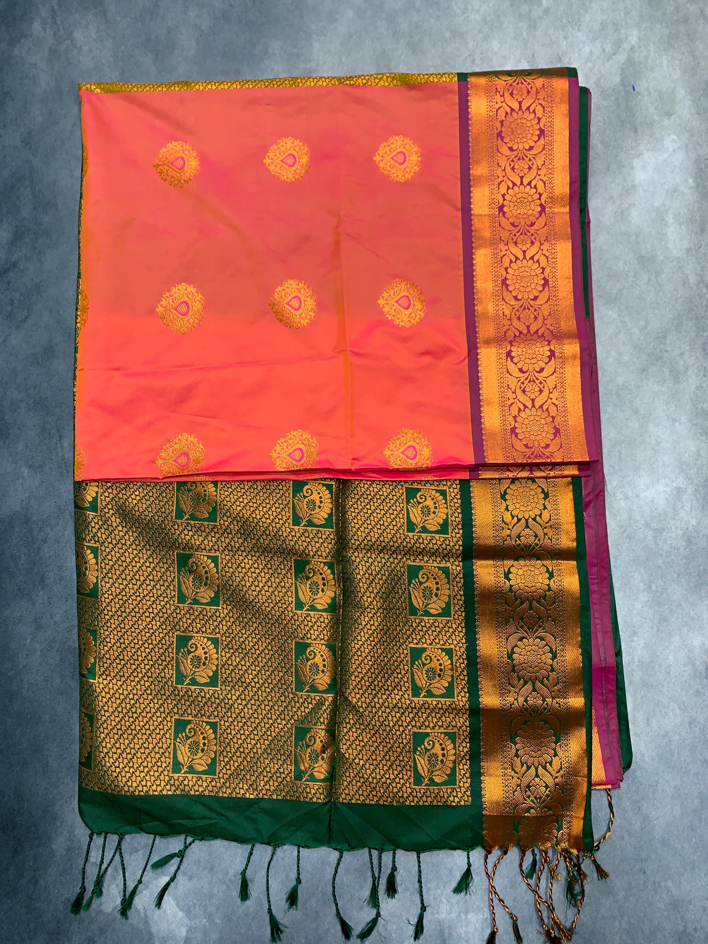 Soft Vegan Silk Saree Salmon Colour with Green and Copper Border