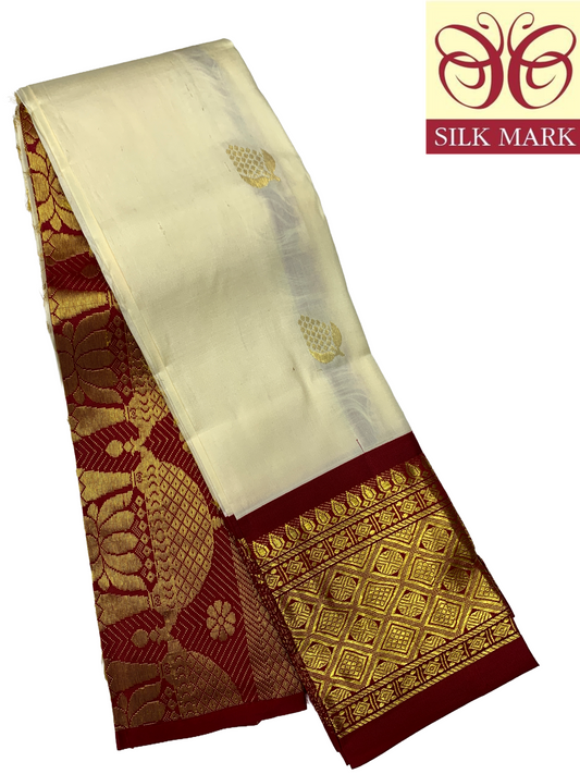 Pure Kanchipuram Silk Saree Ivory Colour with Maroon and Gold Zari Border
