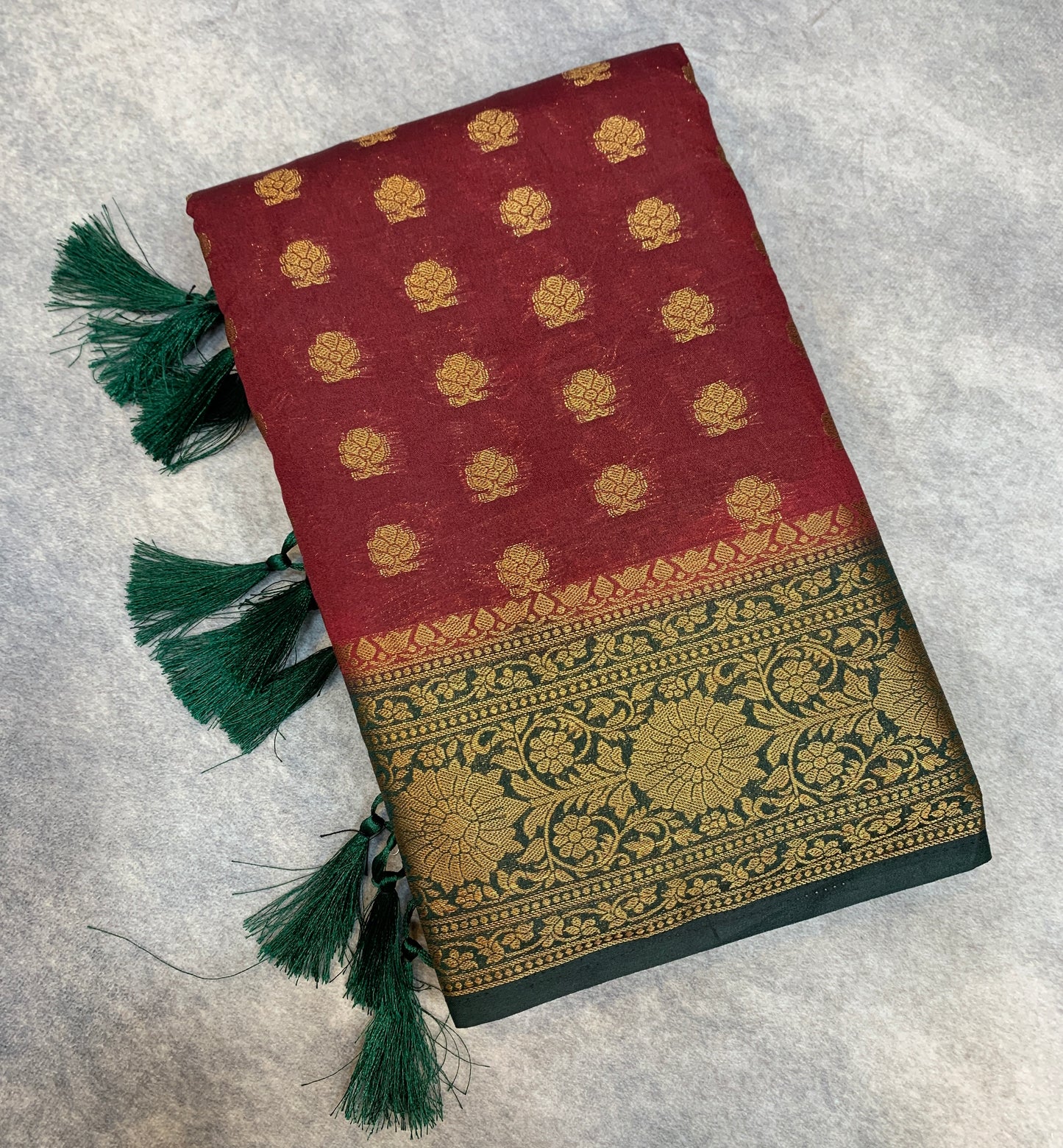 Crepe Saree Maroon Colour with Green Border
