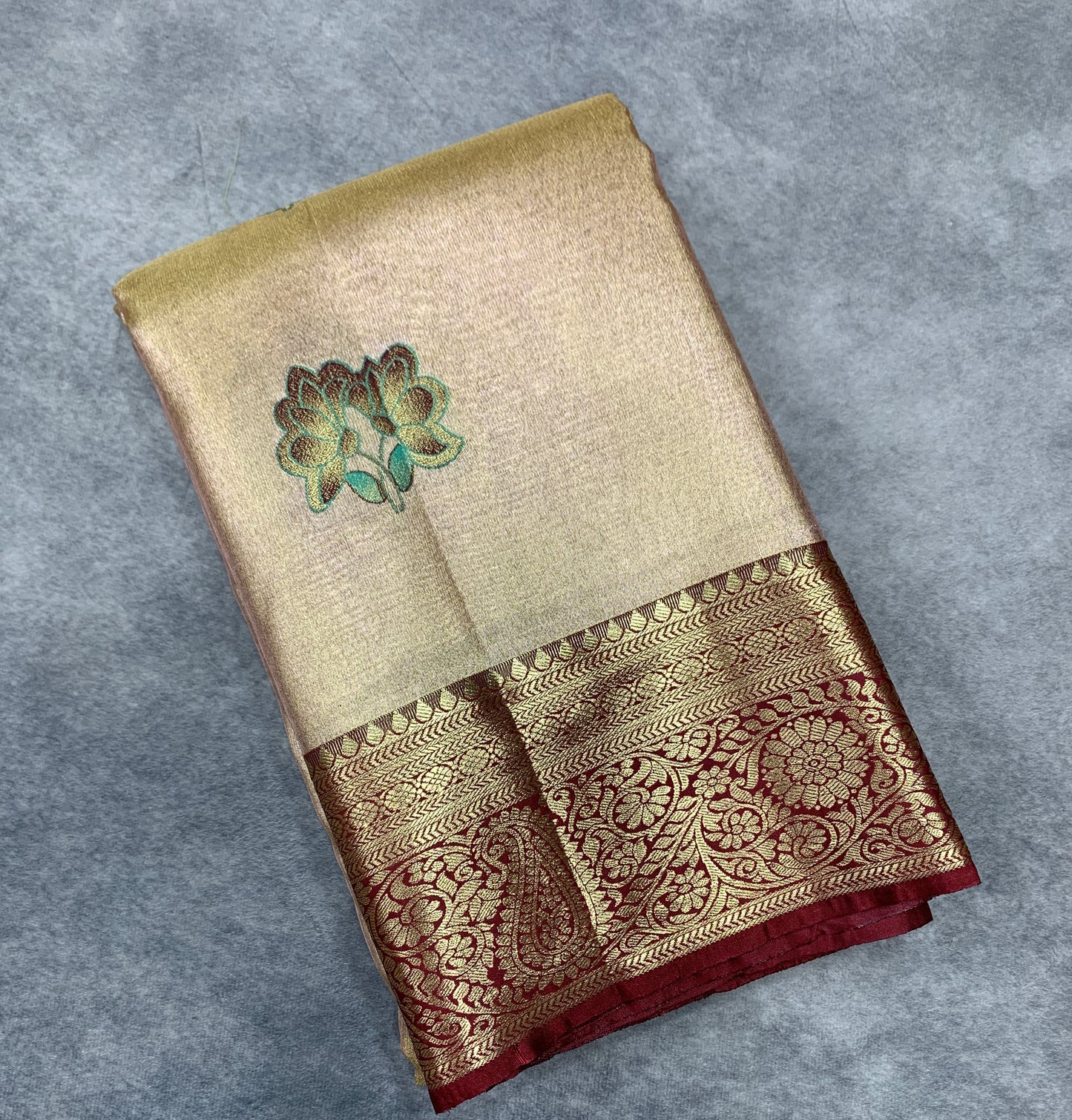 Fancy Tissue Saree Golden Colour with Maroon Border