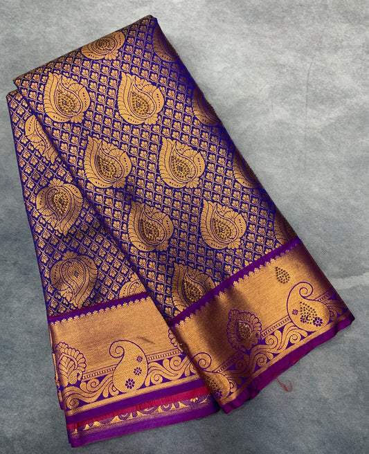 Vegan Silk Saree Blue Colour with Copper and Magenta Border