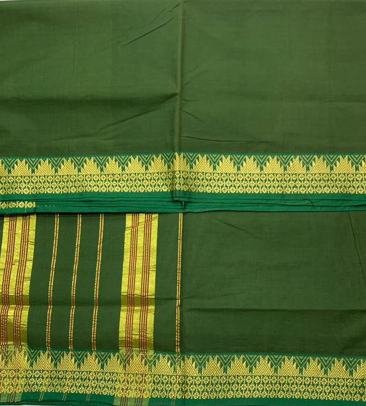 Chettinad Cotton Saree Olive Green Colour with Gopuram Design Border