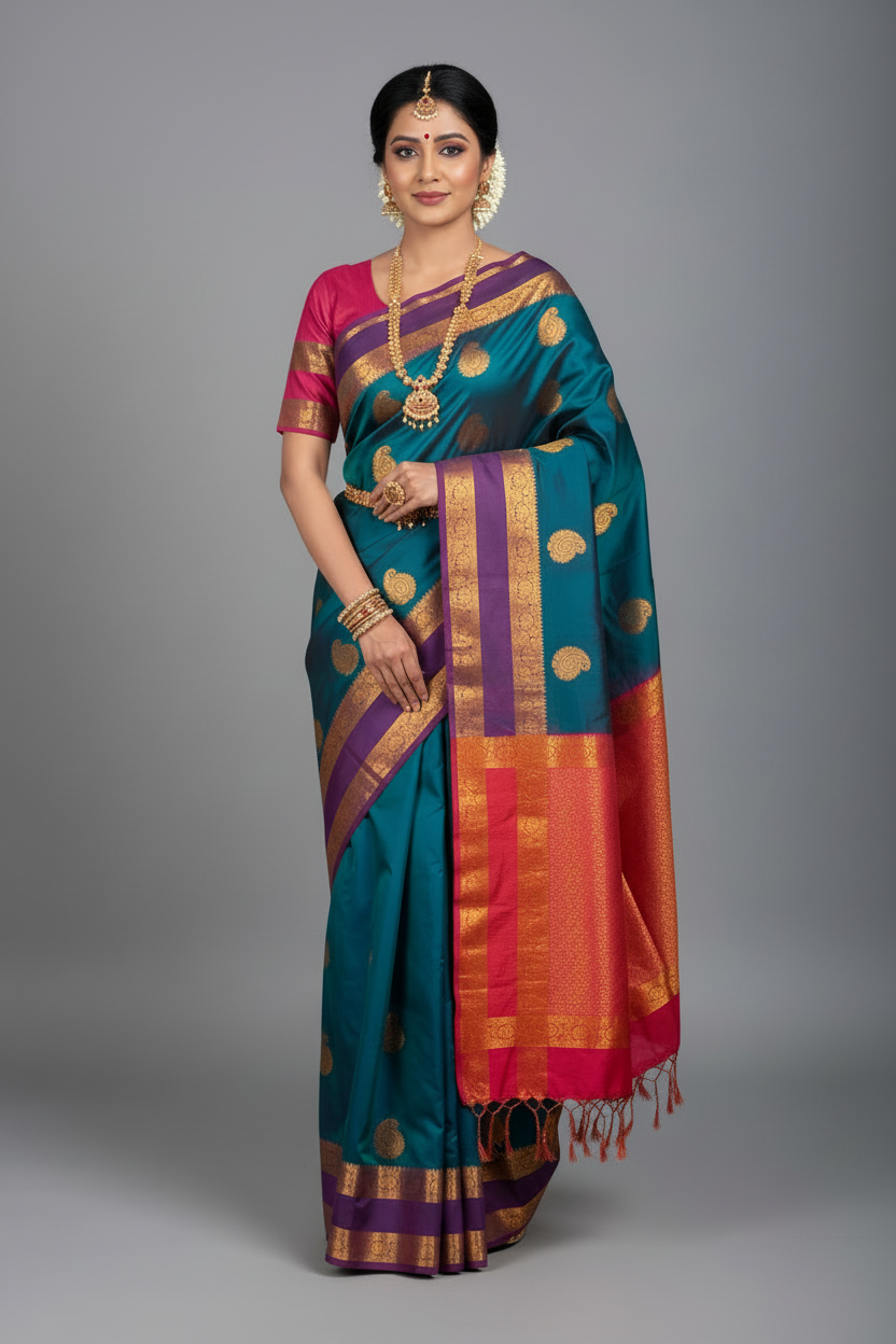 Soft Vegan Silk Saree Peacock Green Colour with Rettai Pettu Border