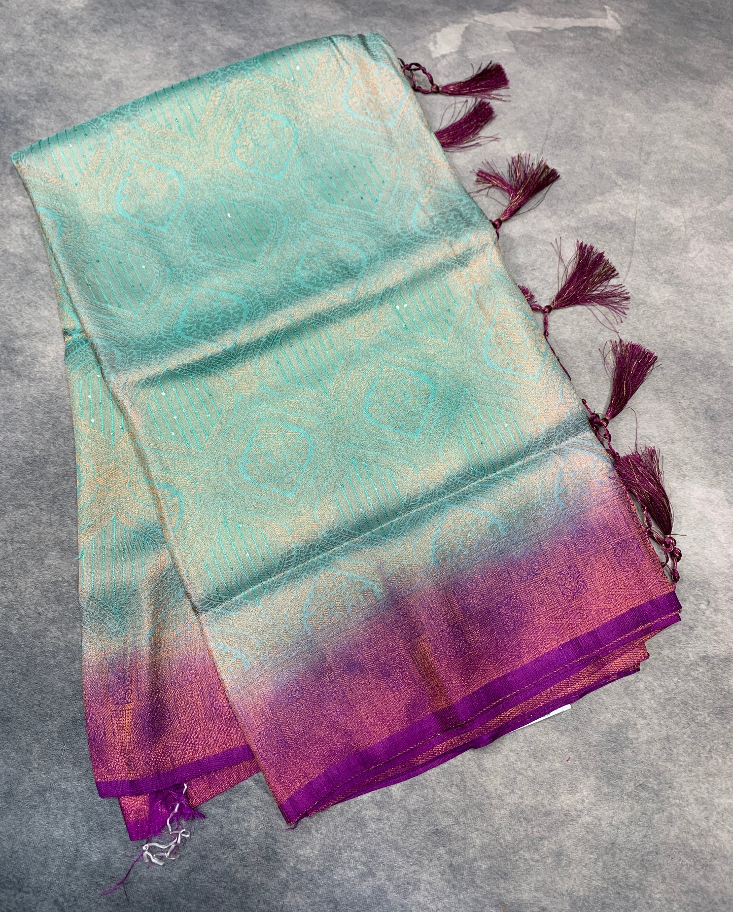 Soft Silk Saree Light Sapphire Colour and Stone Work with Magenta Colour Pallu
