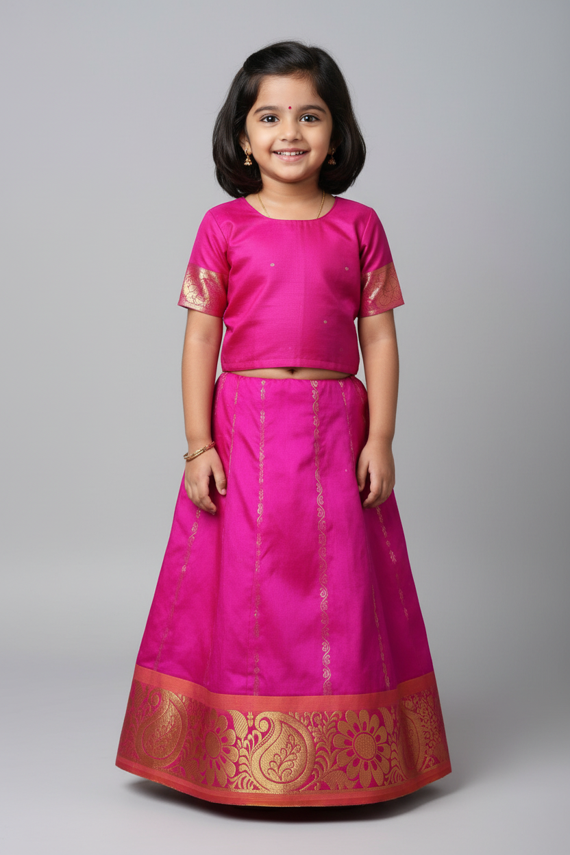 Pink Shade Semi Silk Kids Pattu Pavadai with Contrast border for Age 2 to 5 Years