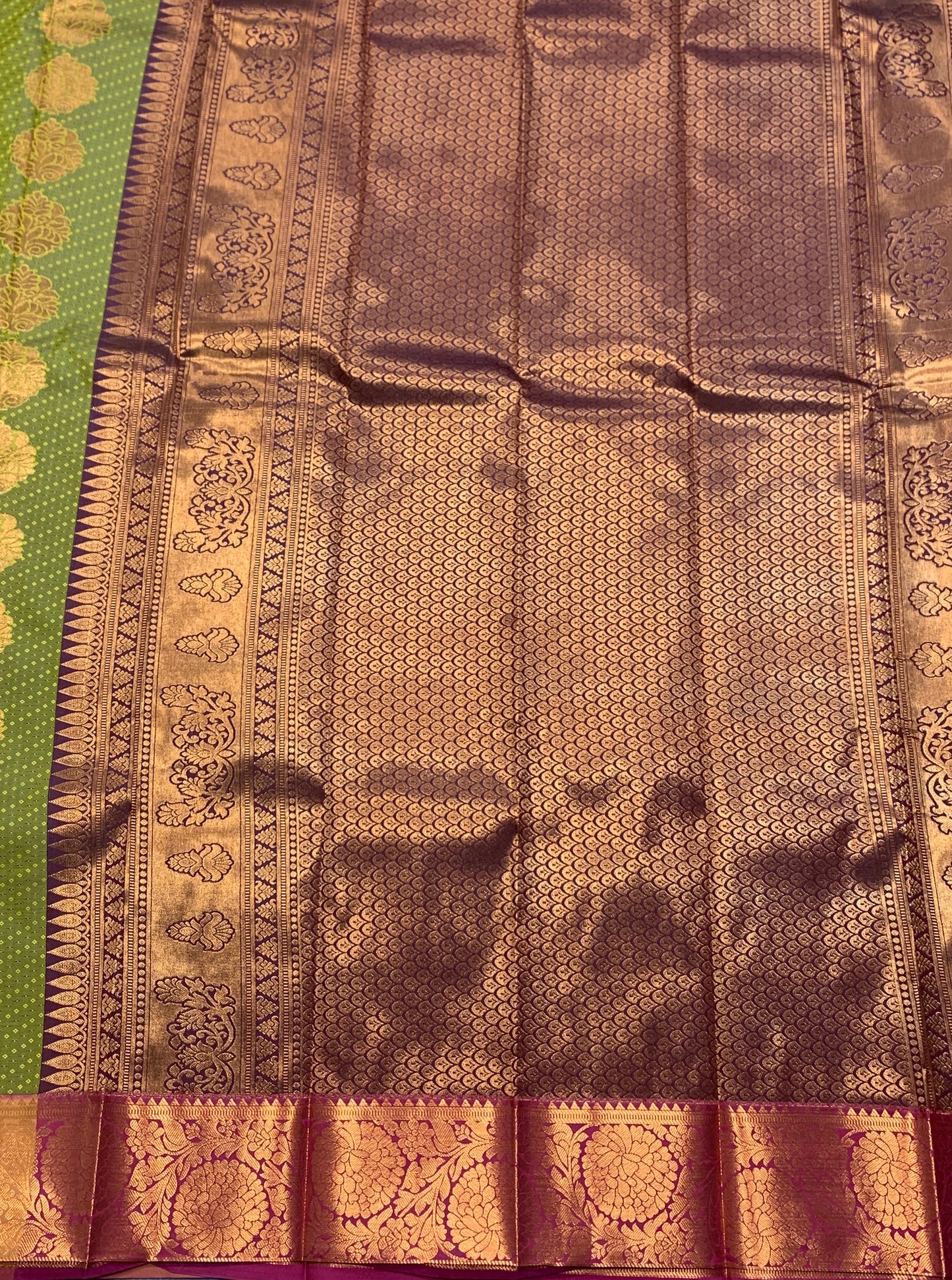 Vegan Silk Saree Olive Green Colour Saree with Copper Border