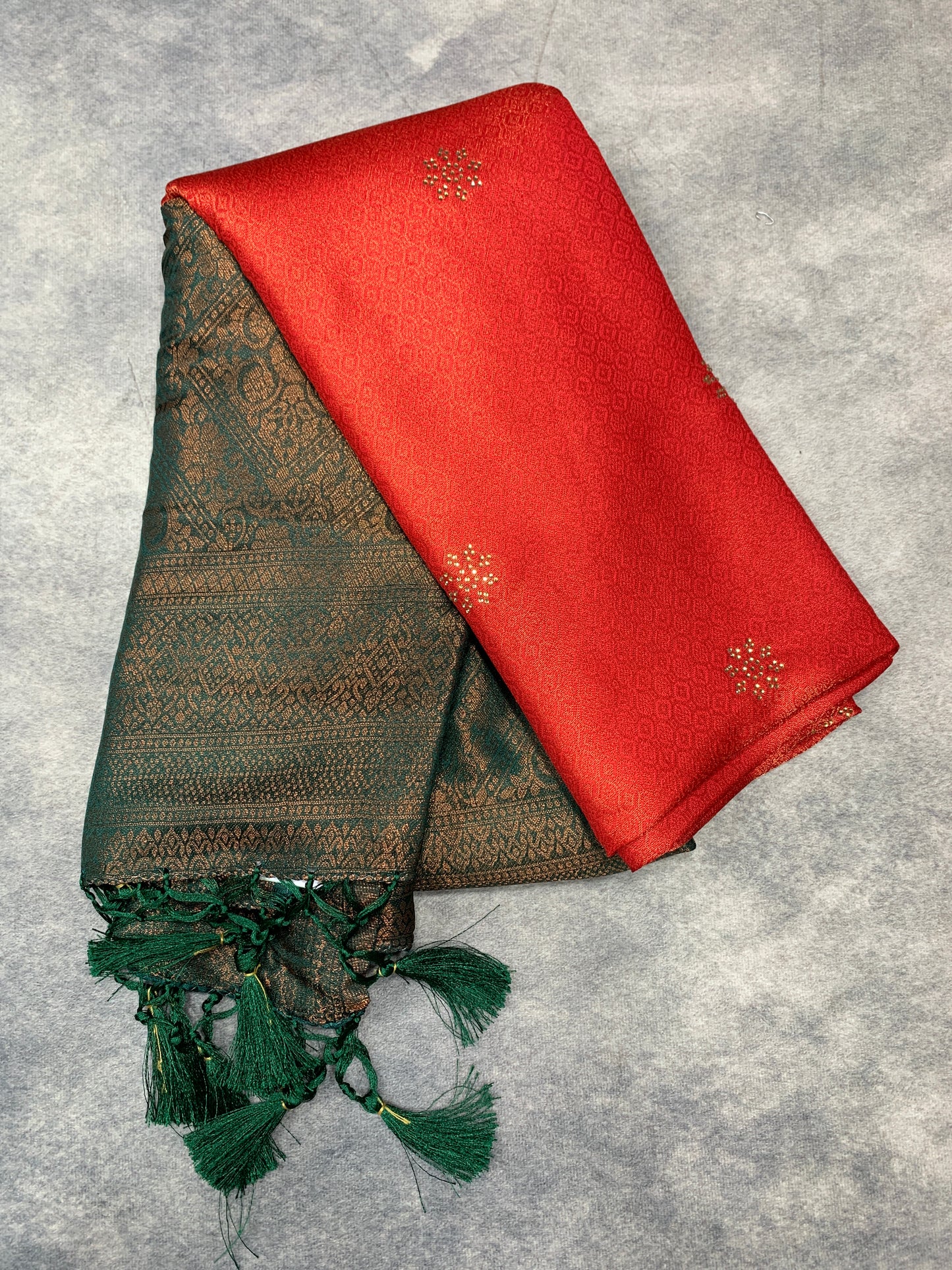 Soft Silk Saree Red Colour and Stone Work with Green Colour Pallu