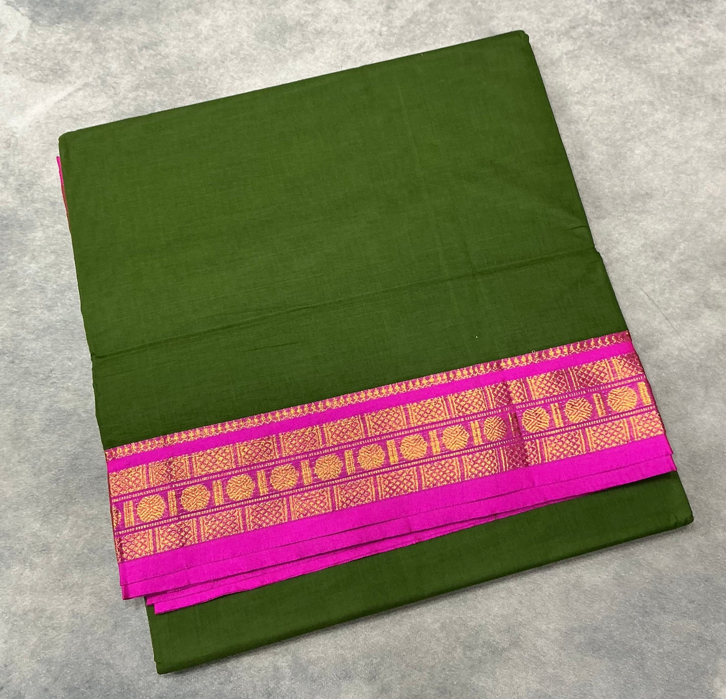Chettinad Cotton Saree Olive Green Colour with Rani Pink Colour with Zari Work Border