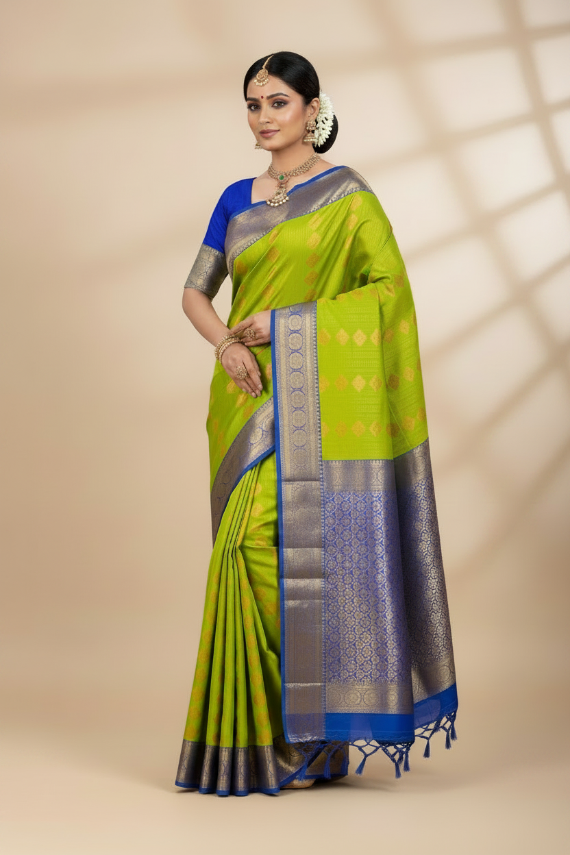 Vegan Silk Saree Lime Green Colour Saree with Blue Colour Contrast Border