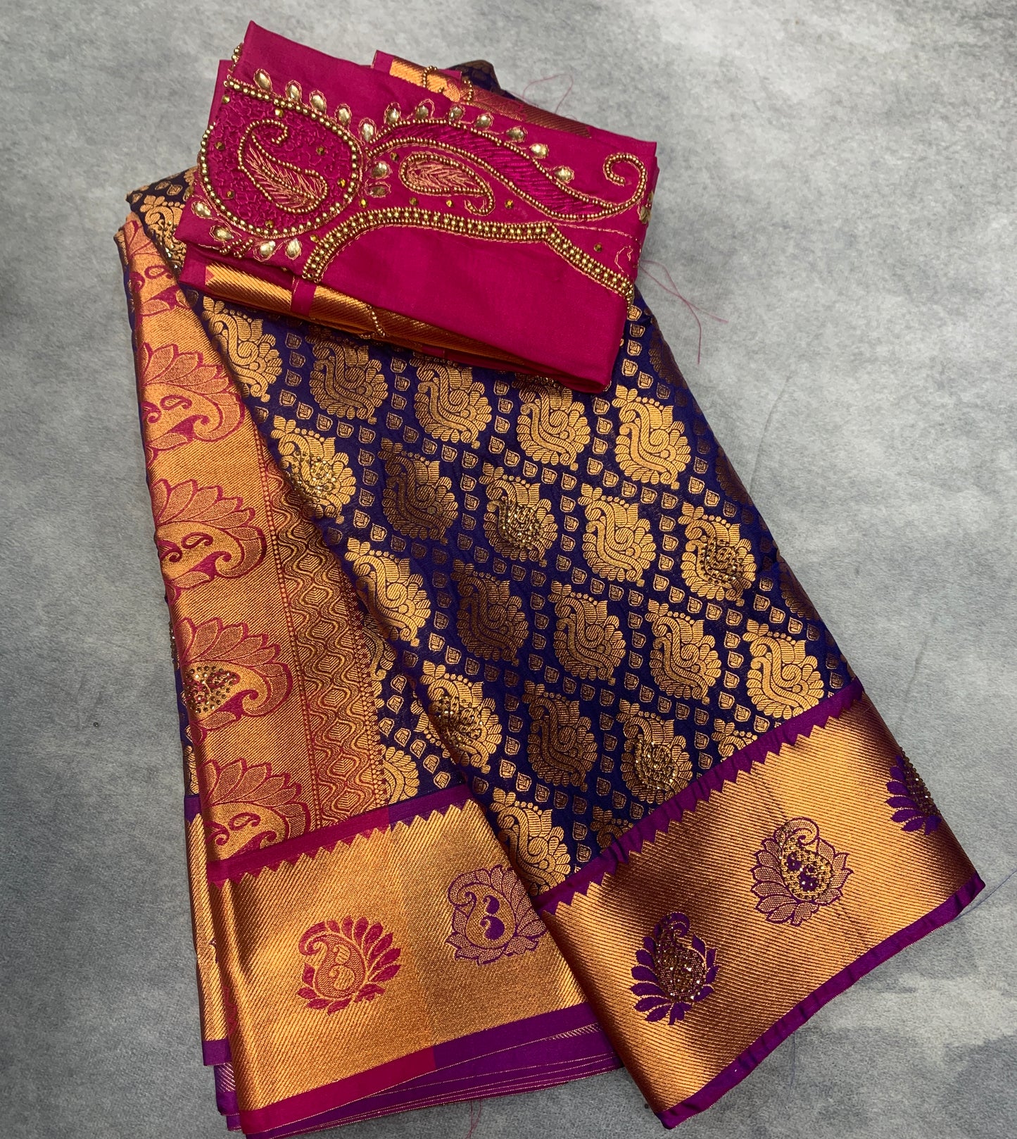 Bridal Vegan Silk Saree Navy Blue shade with Purple Border with Unstitched blouse in Aari work