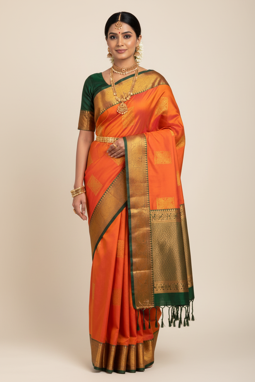 Soft Vegan Silk Saree Orange Colour with Copper and Brown Border