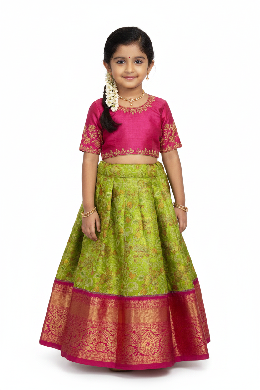 Golden Green Shade Vegan Silk Kids Pattu Pavadai with Contrast border for age 2 to 5