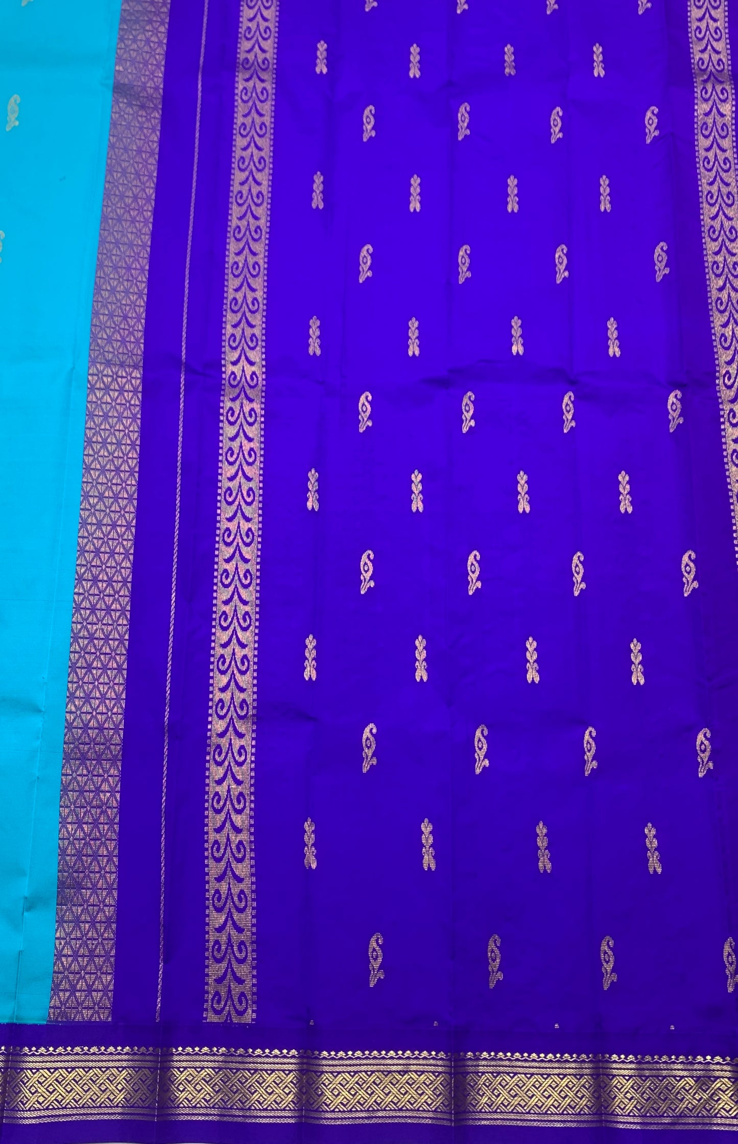 Semi Silk Saree Sky Blue Colour with Blue and Gold Zari Border