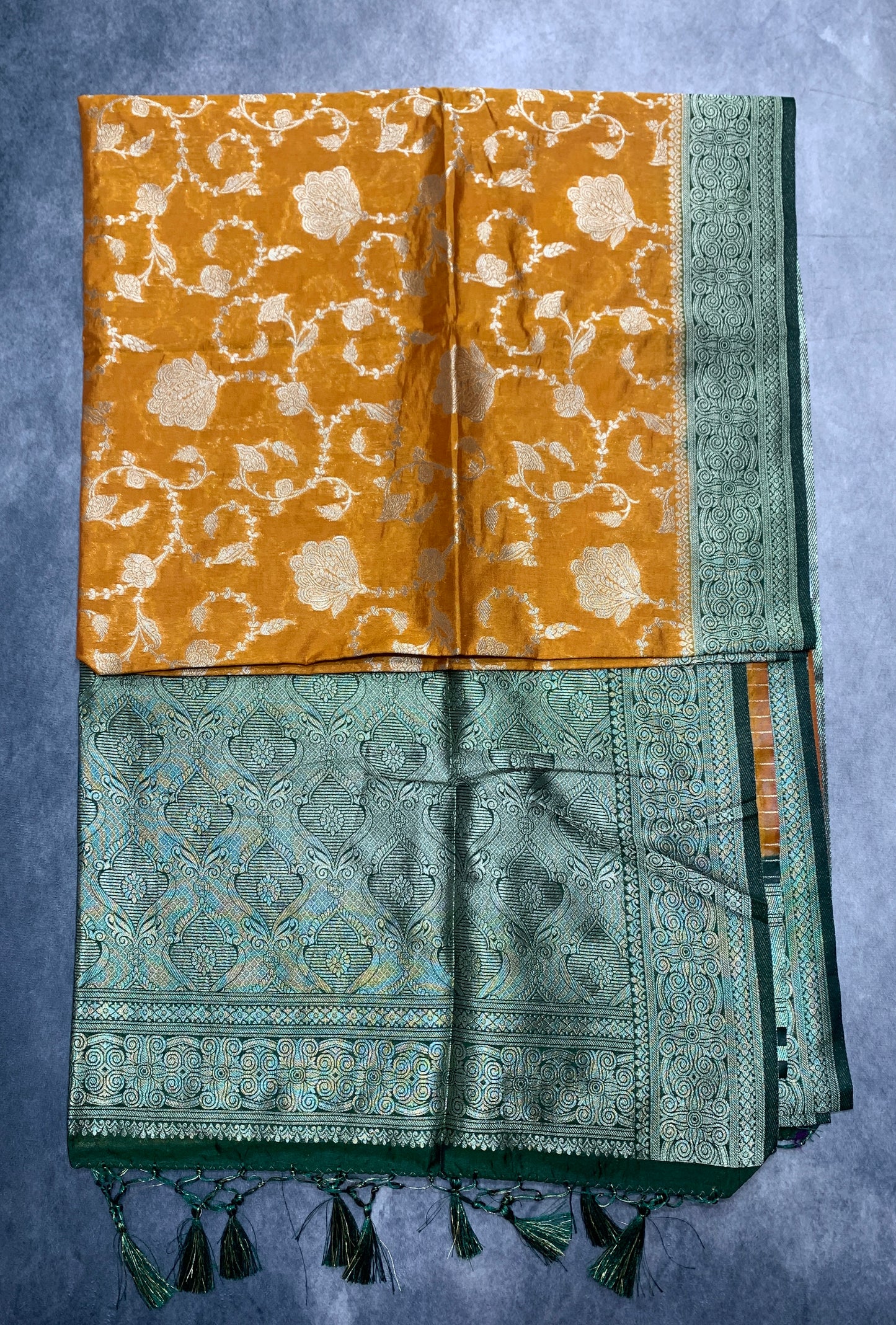 Soft Silk Casual Saree Mustard Colour with Green Colour Border