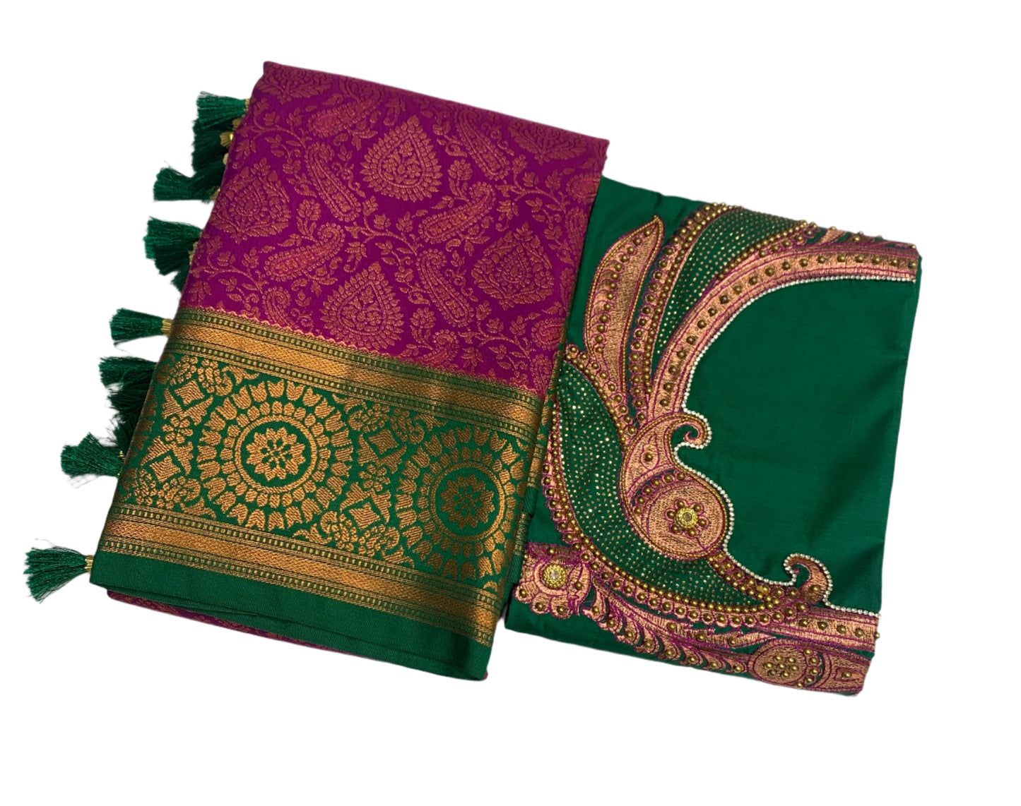 Bridal Vegan Silk Saree Magenta Colour with Green Border with Unstitched blouse in Aari work