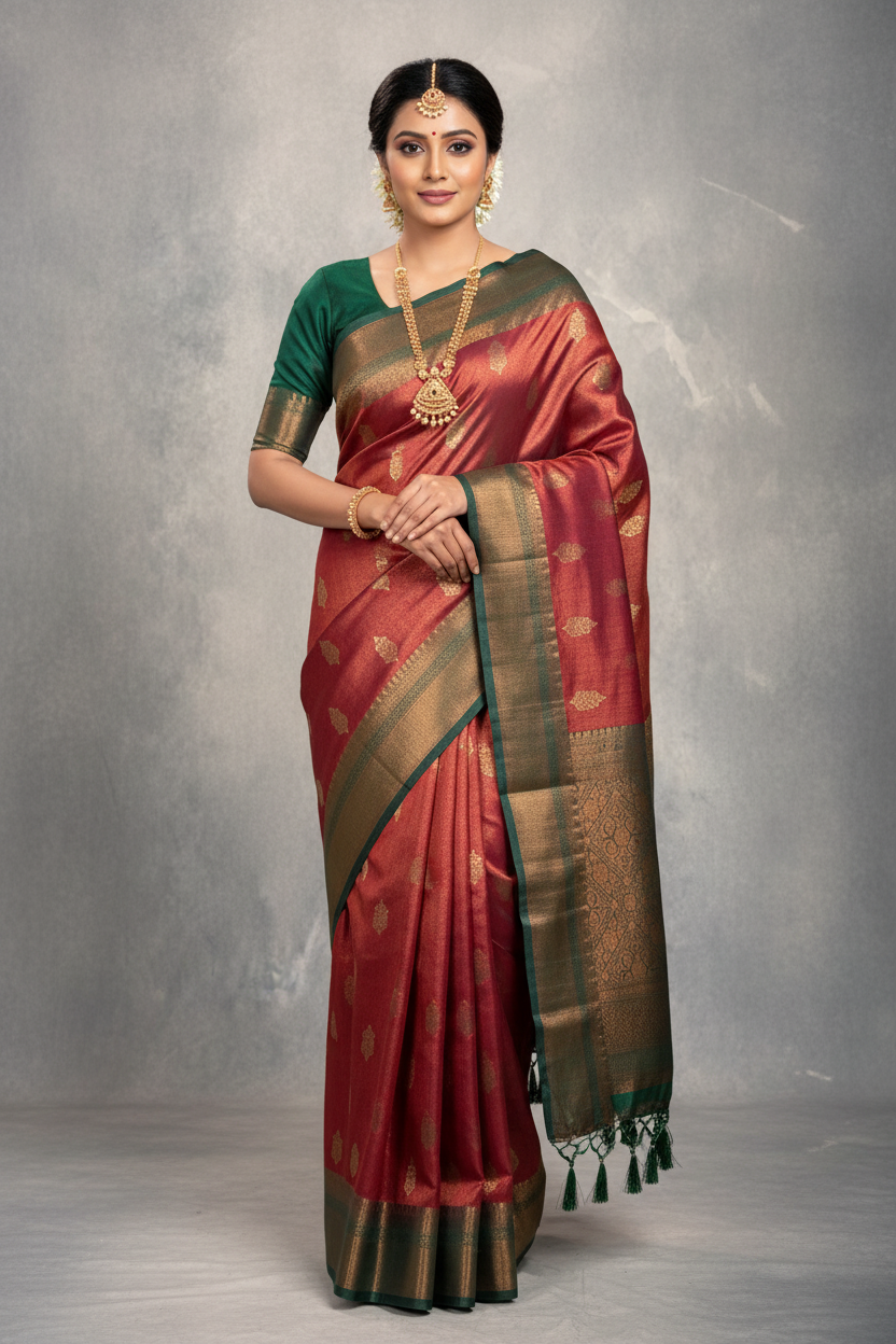 Soft Silk Saree Brown Colour and Stone Work with Green Colour Pallu
