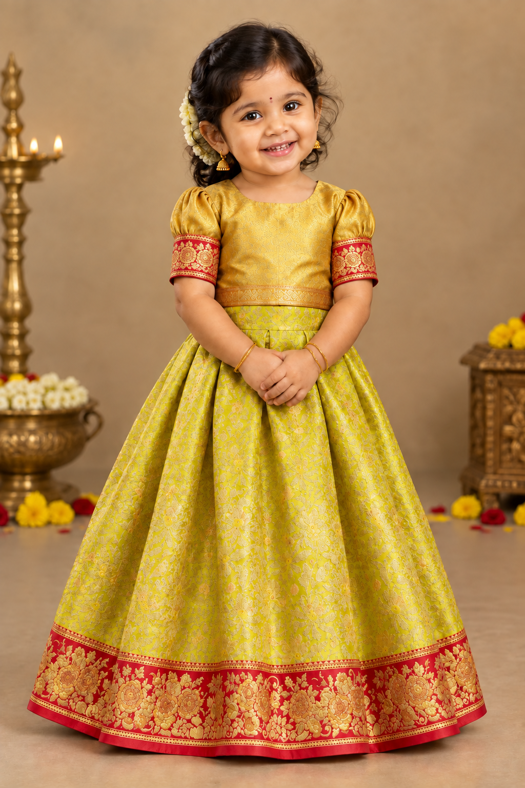 Yellow Shade Pure Kanchipuram Kids Pattu Pavadai with Contrast Border for Newborn to 2 Years