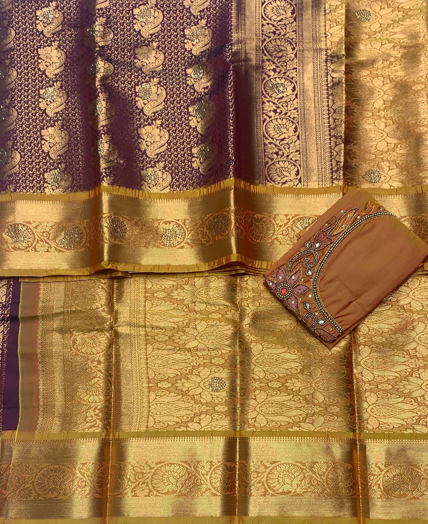 Bridal Vegan Silk Saree Maroon shade with Golden Yellow Border with Unstitched blouse in Aari Work
