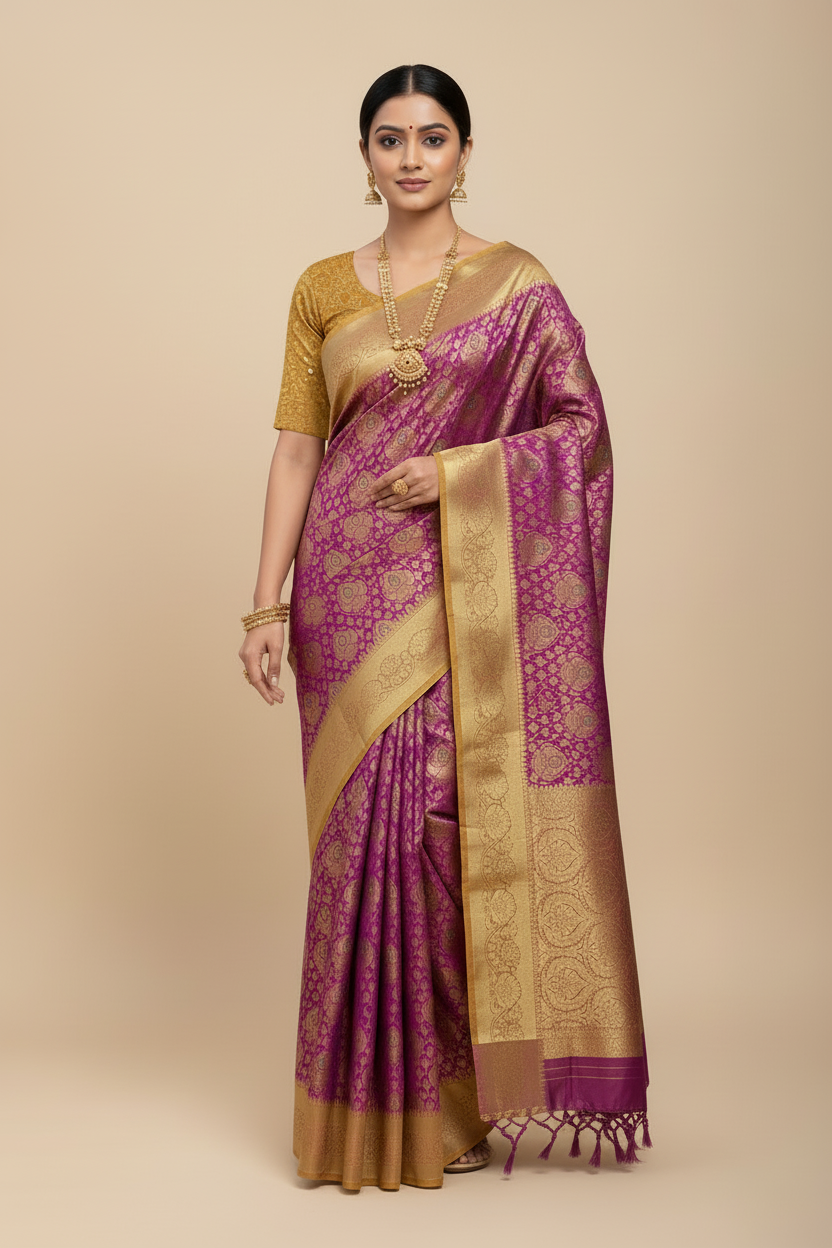 Bridal Vegan Silk Saree Pink Colour with Golden Yellow Border with Unstitched blouse in Aari Work