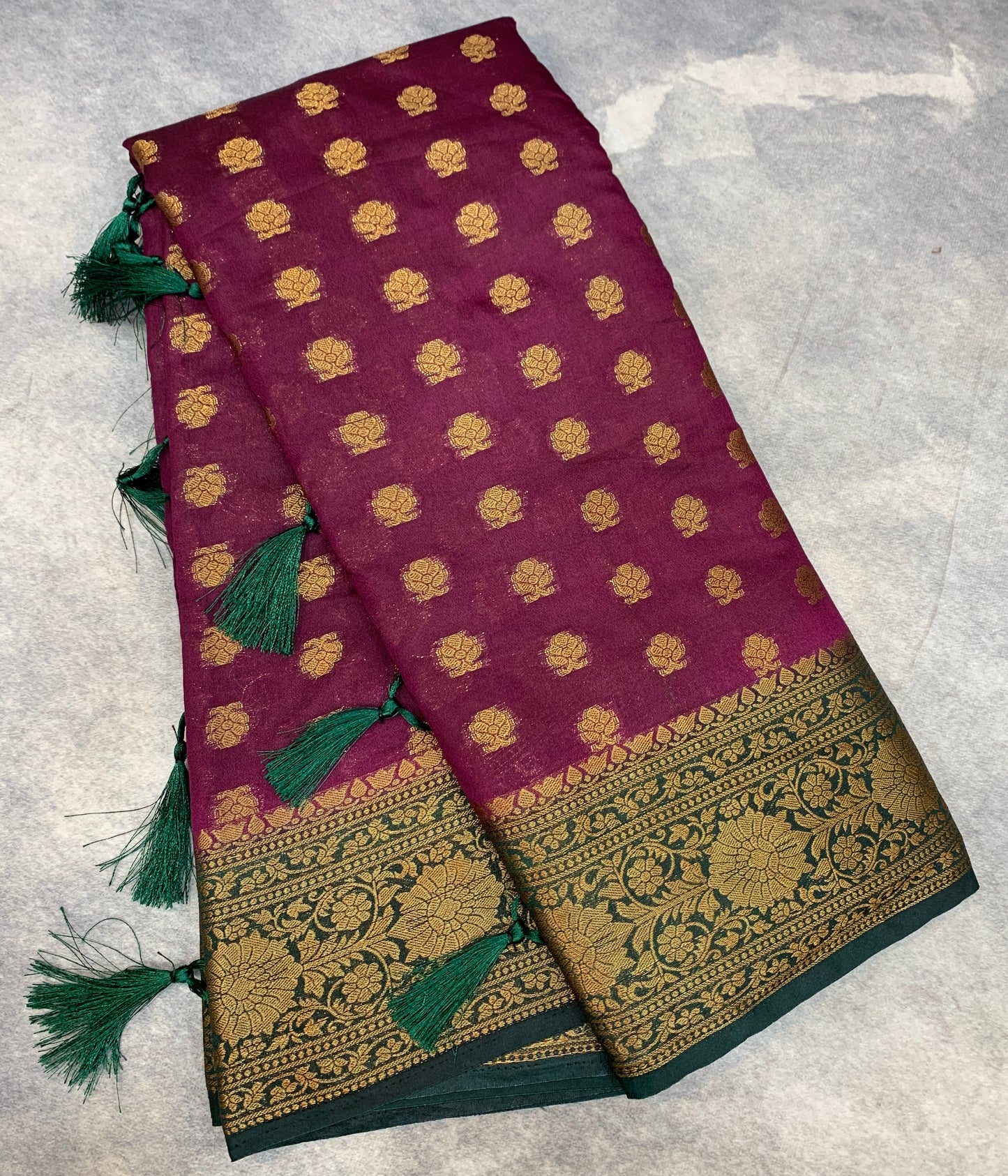 Crepe Saree Magenta Colour with Green Border