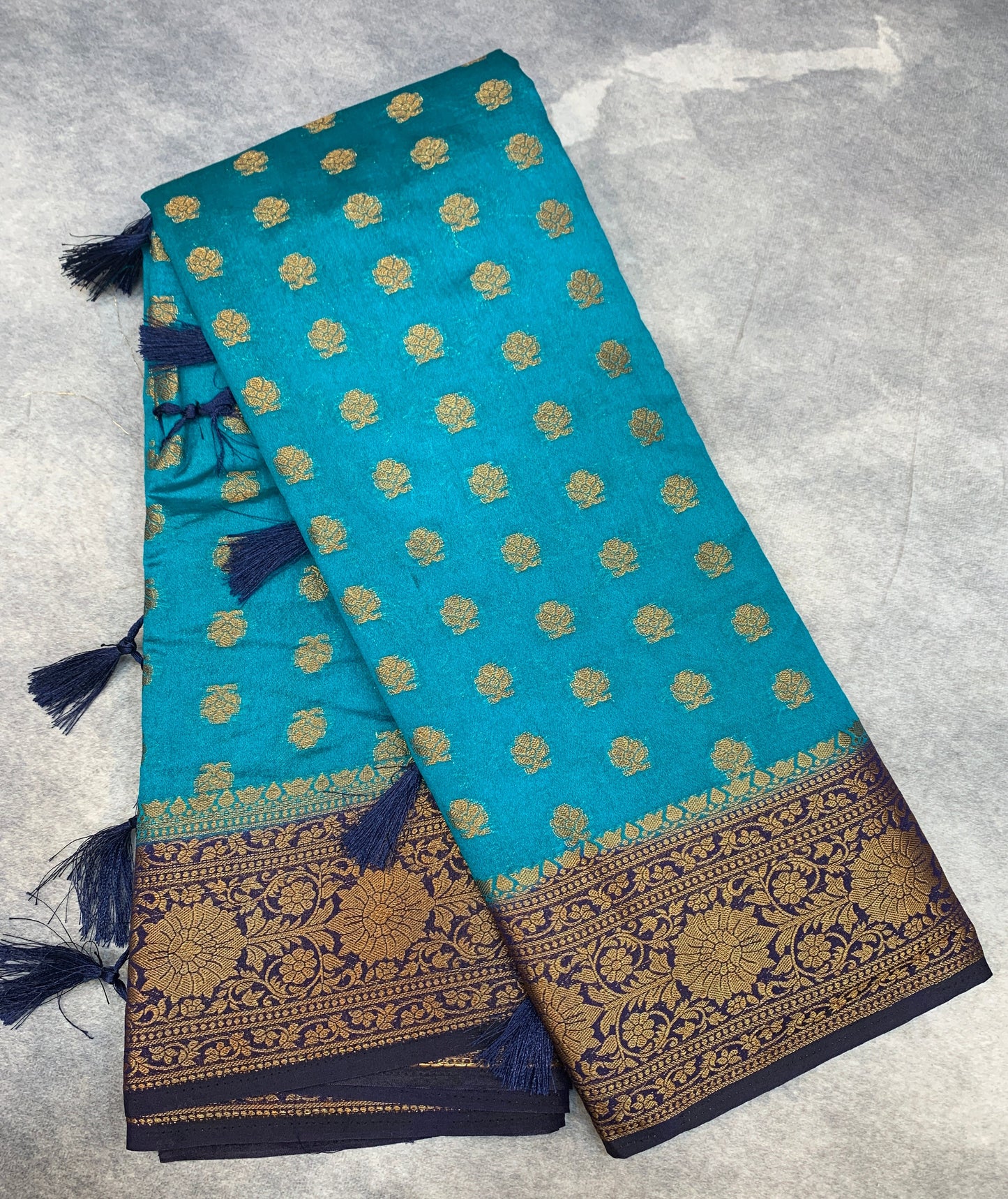 Crepe Saree Sky Blue Colour with Navy Blue Border