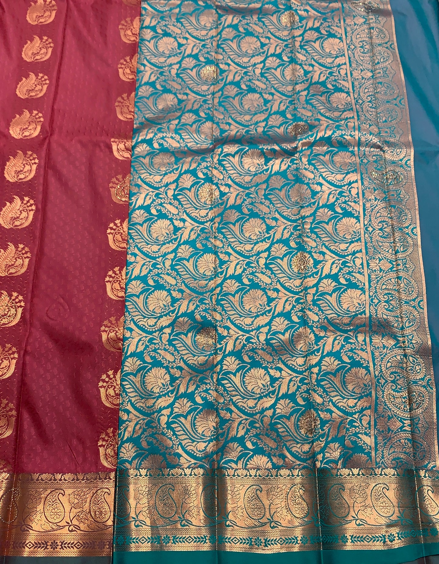 Vegan Silk Saree Maroon Colour with Copper and Green Floral Design Border