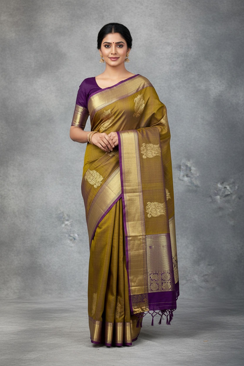 Pure Kanchipuram Silk Saree Dual Colour with Purple Border