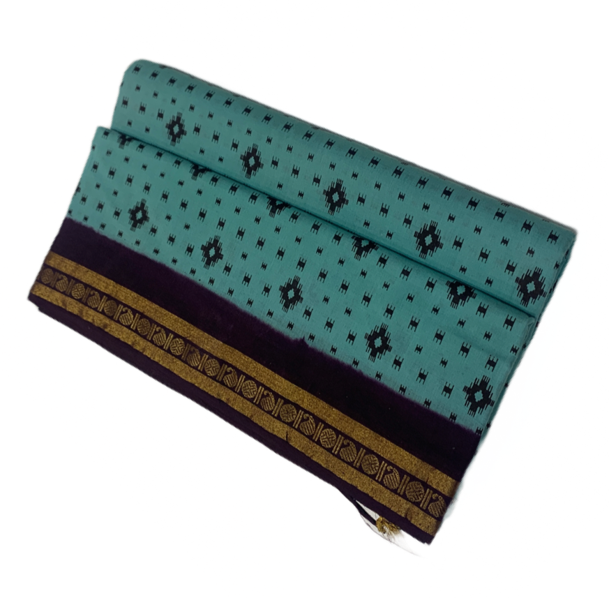 9 yards Cotton Saree Mint Green Colour with Brown Border